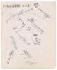 Yorkshire C.C.C. 1933. Album page nicely signed ink by ten members of the Yorkshire team. Signatures are Sellers (Captain), W. Barber, Sutcliffe, Dennis, Wood, Leyland, Verity, Bowes, Rhodes and Holmes. Sold with two further album pages with four ink sign
