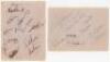 Surrey, County and tour signatures 1930s-1950s. A selection of album pages including two comprising signatures in ink of Surrey players of the period. Signatures include Bennett, Parker, Gover, Barling, Mobey, Squires, McIntyre, Whittaker (one smudged), E