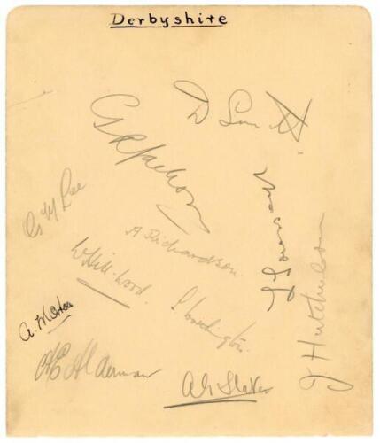 Derbyshire C.C.C. c. 1928. Large album page signed in pencil (one in ink) by eleven members of the Derbyshire team. Signatures are G.R. Jackson (Captain), Denis Smith, Lee, Richardson, Morton, Worthington, Townsend, Hutchinson, Slater, Alderman, W[?]. Hil