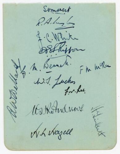 Somerset C.C.C. c.1936. Album page very nicely signed in ink by eleven Somerset players. Signatures are Ingle (Captain), White, Ripon, Bennett, Luckes, McRae, F. Lee, Wellard, Andrews, Hazell and Gimblett. Also signed in pencil to verso by George Gunn (No