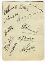 Nottinghamshire circa 1933. Album page very nicely signed by eleven members of the Nottinghamshire team. Signatures include, the two Bodyline bowlers, Larwood and Voce, Lilley, Harris, Staples, Hardstaff, Taylor, Keeton, Castledine, Butler and Walker. Goo