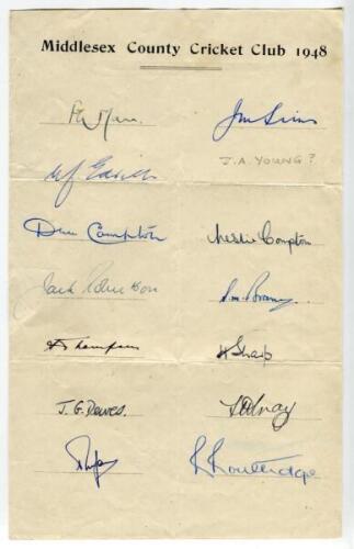 Middlesex County Cricket Club 1948. Official autograph sheet very nicely signed in ink by thirteen members of the team. Signatures include Mann, Sims, Edrich, D. Compton, L. Compton, Brown, Robertson, Dewes, Sharp, Thompson, Routledge, Gray etc. Folds oth