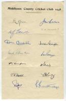 Middlesex County Cricket Club 1948. Official autograph sheet very nicely signed in ink by thirteen members of the team. Signatures include Mann, Sims, Edrich, D. Compton, L. Compton, Brown, Robertson, Dewes, Sharp, Thompson, Routledge, Gray etc. Folds oth