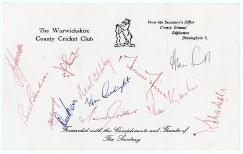 Warwickshire C.C.C. Official Warwickshire C.C.C. compliment slip signed by twelve members of the team c1968. Signatures include Jameson, Abberley, Smith, Brown, Kanhai, Gibbs, Hemmings etc. Sold with an official autograph sheet fully signed by all twenty 