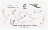 Warwickshire C.C.C. Official Warwickshire C.C.C. compliment slip signed by twelve members of the team c1968. Signatures include Jameson, Abberley, Smith, Brown, Kanhai, Gibbs, Hemmings etc. Sold with an official autograph sheet fully signed by all twenty 