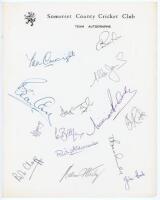 Somerset C.C.C. 1975. Official autograph sheet signed in ink by fourteen members of the 1975 Somerset team. Signatures include Brian Close (Captain), Viv Richards, Ian Botham, also Cartwright, Jones, Taylor, Slocombe, Clapp,¬†Moseley, Rose, and the rarer 