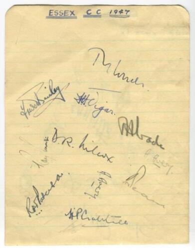 Essex 1947. Lined album page signed by nine player of the Essex team in ink and pencil. Signatures are Pearce (Cpt), Crabtree, Vigar, Avery, Wilcox, Bailey, Paterson, Smith and Wade. Avery has signed the page twice. To verso are six signatures of the Surr