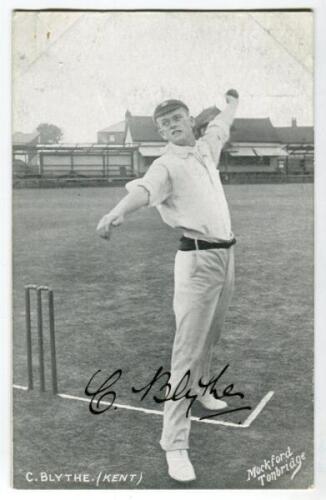 Colin Blythe. Kent & England 1899-1914. Mono postcard of Blythe, full length, in bowling pose at the wicket, wearing Kent cap. Beautifully signed in black ink by Blythe. Mockford of Tonbridge series. Postally unused. Rarely seen in this signed form. Good 