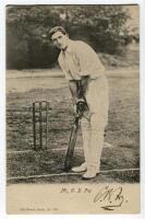 Charles Burgess Fry. Sussex & England 1894-1908. Mono printed postcard of Fry, full length, in batting pose stood in front of the wicket. Nicely signed in ink by Fry. Wrench series No. 1381. Good/very good condition