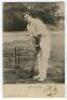 Charles Burgess Fry. Sussex & England 1894-1908. Mono printed postcard of Fry, full length, in batting pose stood in front of the wicket. Nicely signed in ink by Fry. Wrench series No. 1381. Good/very good condition