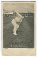 George Herbert Hirst. Yorkshire & England 1891-1929. Mono ‘real photograph’ postcard of Hirst wearing Yorkshire cap, full length, in fielding pose at Trent Bridge. Nicely signed in black ink by Hirst. Title ‘Fielding’ to lower white border. Hartmann postc