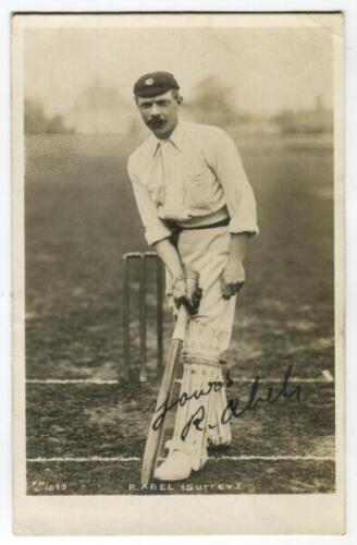 Robert Abel. Surrey & England 1881-1904. Excellent mono real photograph postcard of Abel, in batting pose, wearing Surrey cap. Very nicely signed by Abel in black ink. Hartmann series 1649. Very good condition