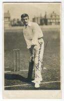 Thomas Walter Hayward. Surrey & England 1893-1914. Sepia real photograph postcard of Hayward wearing Surrey cap, in batting pose, at the wicket. Very nicely signed in black ink. Rotary Photographic Series. Very good condition