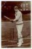 Bernard James Tindall Bosanquet, Middlesex & England 1898-1919. Excellent sepia real photograph postcard of Bosanquet, full length, in batting attire, wearing Middlesex cap and stood in batting pose in front of the wicket. The postcard very nicely signed 