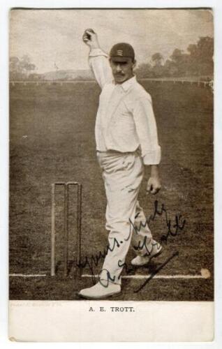 Albert Edwin Trott. Victoria, Middlesex, London County, Australia & England, 1892-1910. Sepia printed postcard of Trott in bowling pose at the wicket, wearing Middlesex cap, with name printed to lower white border. Nicely signed by Trott to image. ‘Photo 