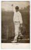 Albert Edwin Trott. Victoria, Middlesex, London County, Australia & England, 1892-1910. Sepia printed postcard of Trott in bowling pose at the wicket, wearing Middlesex cap, with name printed to lower white border. Nicely signed by Trott to image. ‘Photo 