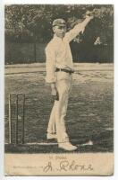 Wilfred Rhodes. Yorkshire & England 1898-1930. Mono printed postcard of Rhodes in Yorkshire cap, full length, in bowling pose. Nicely signed in black ink by Rhodes to lower border. Wrench series no. 1388. Old tape mark to border of card back, postally use