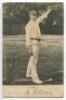 Wilfred Rhodes. Yorkshire & England 1898-1930. Mono printed postcard of Rhodes in Yorkshire cap, full length, in bowling pose. Nicely signed in black ink by Rhodes to lower border. Wrench series no. 1388. Old tape mark to border of card back, postally use