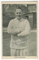 James Langridge. Sussex. Mono printed postcard of Langridge, three quarter length, in Sussex sweater. Signed in blue ink. Issued by Kilroy Ltd of Kingsway, Hove, a short series of postcards (6) issued shortly after the second World War. Good condition