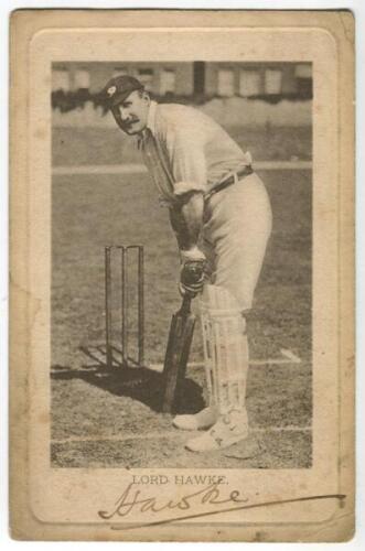 Lord Martin Bladen Hawke. Cambridge University, Yorkshire & England 1881-1912. Mono postcard of Hawke in batting pose at the crease. Signed in ink to lower border ‘Hawke’. Wrench series no. 2933. Postally used and postmarked 16th May 1907. Some soiling an