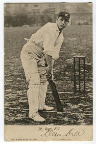 Clem Hill. South Australia & Australia 1892-1922. Excellent mono postcard of Hill wearing Australian cap and in batting pose. Very nicely signed in black ink by Hill. Wrench Series No. 1392. Postally used, dated 1902. A very rare signed postcard