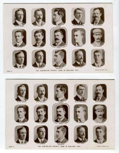 Australia tour of England 1905. ‘The Australian Cricket Team in England 1905’. Two mono real photograph postcards of the Australian touring party, the players depicted in small cameo portraits, head and shoulders, with title to lower border and centre ima