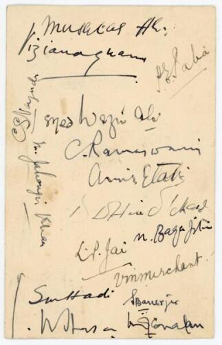 India tour to England 1936. Plain postcard nicely signed ink by sixteen members of the India touring party. Signatures are Vizianagram (Captain), Mushtaq Ali, Palia, Nayudu, Wazir Ali, Ramaswami, Amir Elahi, Hindlekar, Baqa Jilani, Jai, Merchant, Hadi, Ba