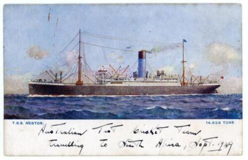 Australian tour to South Africa 1949/50. Colour postcard of the T.S.S. Nestor (Blue Funnel Line) ship with annotation in ink to lower border, ‘Australian Test Cricket Tour travelling to South Africa, Sept. 1949’. To verso, fifteen signatures in ink of the