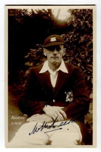 William Walter Keeton. Nottinghamshire & England 1914-1931. Sepia real photograph postcard of Keeton, three quarter length, seated wearing Nottinghamshire cap and blazer. Nicely signed in blue ink by ‘Yours Faithfully, W.W.Keeton’. Name printed to lower c