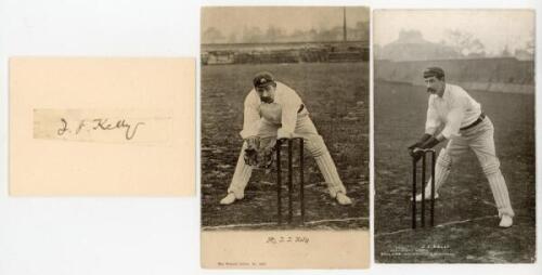 James Joseph Kelly. New South Wales & Australia 1894-1907. Laid down ink signature of Kelly on piece. Sold with a mono postcard of Kelly in wicket keeping pose. ‘Wrench Series’ no. 1397. Previously sold by Knights. Also a further mono postcard of Kelly in