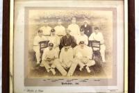 ‘Yorkshire 1897. Excellent large original sepia photograph of the Yorkshire team of 1897, standing and seated in rows, wearing blazers, Yorkshire caps and cricket attire. The photograph laid down to official photographers mount with title and players name