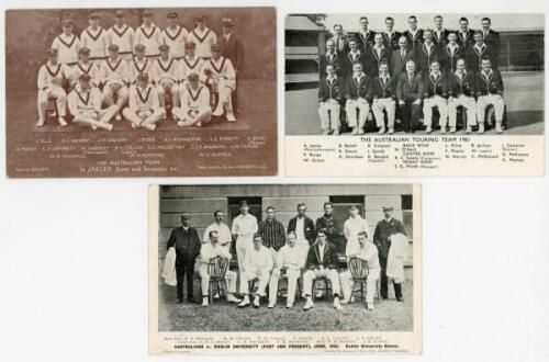 ‘Australians v Dublin University Eleven (Past and Present), June 1905’. Mono postally used postcard of the Dublin University XI with two umpires, seated and standing in rows in cricket attire and blazers for the match played at College Park Dublin, 19th-2