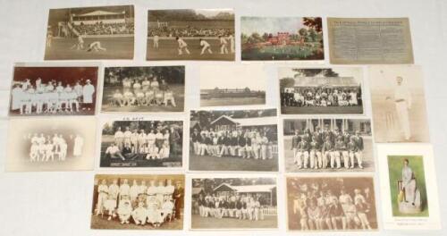 Cricket postcards and photographs 1904 onwards. Box file containing a mixed selection of postcards, photographs, magazine extracts etc. Includes fourteen early mono real photograph postcards, the majority pre-World War I, depicting unknown cricket teams, 