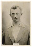 Alexander ‘Alec’ Skelding. Leicestershire 1912-1929. Phillips ‘Pinnace’ premium issue cabinet size mono real photograph trade card of Skelding, head and shoulders wearing cricket attire and and blazer. No.160.C. 4”x6”. VG