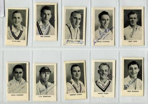 Signed trade cards. Selection of ten ‘World’s Best Cricketers’ trade cards, issued by Rover, Wizard & Adventure c1958, each signed by the player featured. Players signatures are May, Simpson, Wardle, Statham, Lock, Cowdrey, Robertson, Evans, Tyson and Tru