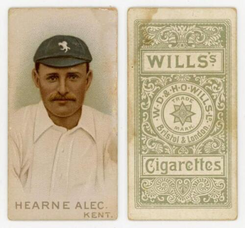 Wills’s Cigarettes ‘Cricketers’. W.D. & H.O. Wills, Bristol & London, 1896. Individual card from the series of fifty, of Alec Hearne, Kent. Minor staining, otherwise in good/ very good condition