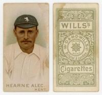 Wills’s Cigarettes ‘Cricketers’. W.D. & H.O. Wills, Bristol & London, 1896. Individual card from the series of fifty, of Alec Hearne, Kent. Minor staining, otherwise in good/ very good condition