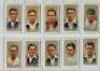 John Player ‘Cricketers’ 1934. Full set of fifty plain back cigarette cards. Thirteen of the cards have been signed by the player featured to card face. Signatures are Ames, Bakewell, Barnett, Berry, Larwood, Mitchell, Townsend, Valentine, Walters, White,