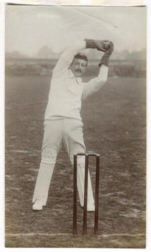 Hanson ‘Sammy’ Carter, New South Wales & Australia, 1897-1925. Original sepia photograph of Australian wicket keeper Sammy Carter in wicket keeping attire catching a ball, wearing Australian cap, on the nursery ground at Lord’s in 1909