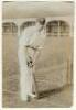 Warren Bardsley. New South Wales & Australia 1903-1926. Original sepia photograph of Australian batsman Warren Bardsley in batting pose, wearing Australian cap, in front of the wicket on the nursery ground at Lord’s in 1909