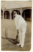 Peter Alexander McAlister. Victoria & Australia 1898-1911. Original sepia photograph of Australian batsman Peter McAlister in batting pose in front of the wicket, wearing Australian cap, on the nursery ground at Lord’s in 1909