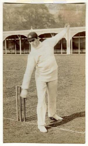 William James Whitty. New South Wales, South Australia & Australia 1907-1926. Original sepia photograph of Australian bowler Bill Whitty in bowling pose at the side of the wicket, wearing Australian cap, on the nursery ground at Lord’s in 1909