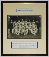 Australian tour to England 1938. Original mono photograph of the Australian touring party seated and standing in rows wearing cricket attire. The photograph nicely signed in black ink by all sixteen players and the manager, Jeanes, seventeen signatures in