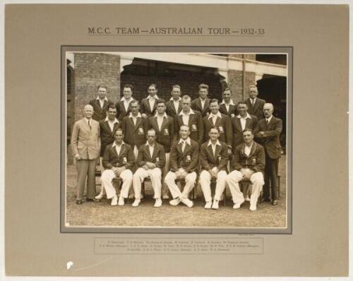 ‘Bodyline’. ‘M.C.C. Team- Australian Tour- 1932-33’. Large and impressive official mono photograph of the M.C.C. touring party who toured Australia in 1932/33. The team, standing and seated in rows, wearing M.C.C. touring blazers and cricket attire. The p