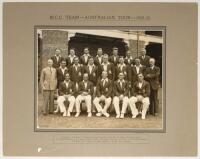 ‘Bodyline’. ‘M.C.C. Team- Australian Tour- 1932-33’. Large and impressive official mono photograph of the M.C.C. touring party who toured Australia in 1932/33. The team, standing and seated in rows, wearing M.C.C. touring blazers and cricket attire. The p