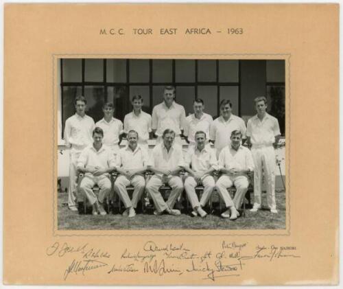 M.C.C. Tour to East Africa 1963. Official mono photograph of the M.C.C. team, seated and standing in rows, wearing cricket attire, who toured in October/November 1963. Signed to lower border by all twelve players featured including M.J.K. Smith (Captain),