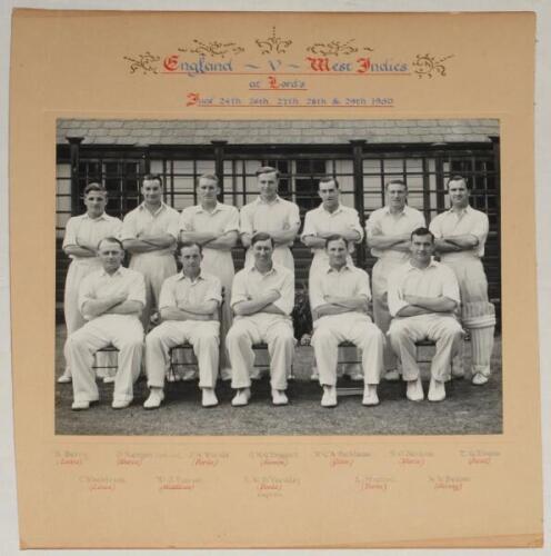 England v West Indies, Lord’s 1950. Excellent official mono team photograph of the England team, seated and standing in rows at Lord’s, wearing cricket attire. The photograph laid down to mount which has the elaborately handpainted title and dates to top 