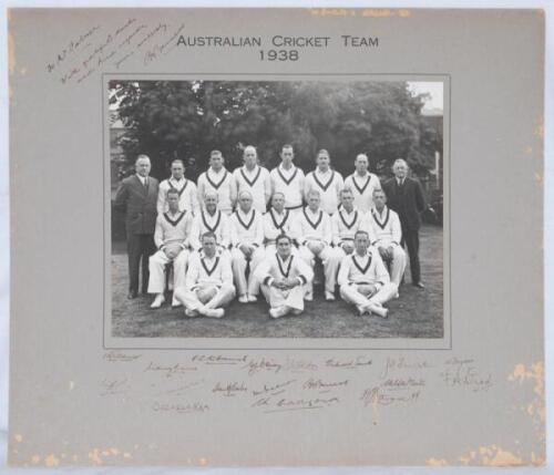 ‘Australian Cricket Team 1938’. Original official mono photograph of the Australian touring party seated and standing in rows wearing cricket attire. The photograph, laid to official photographer’s mount with printed title, is fully signed in black ink to