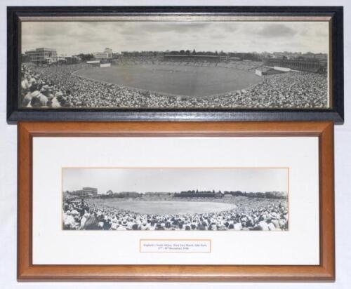 Test match ground panoramas 1930s/1940s. Four small original mono panoramic photographs of match action and large crowds in attendance at Test matches. Images include Melbourne Cricket Ground 1930s, possibly the 1932/33 ‘Bodyline’ series, approx. 12”x3.5