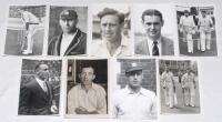 England Test cricketers 1930s-1960s. Nine original mono press photographs of England Test cricketers. Images are Jack Hobbs (Surrey) in formal attire, head and shoulders portraits of Eddie Paynter, Brian Statham, Roy Tattersall, (Lancashire), Bill Voce (